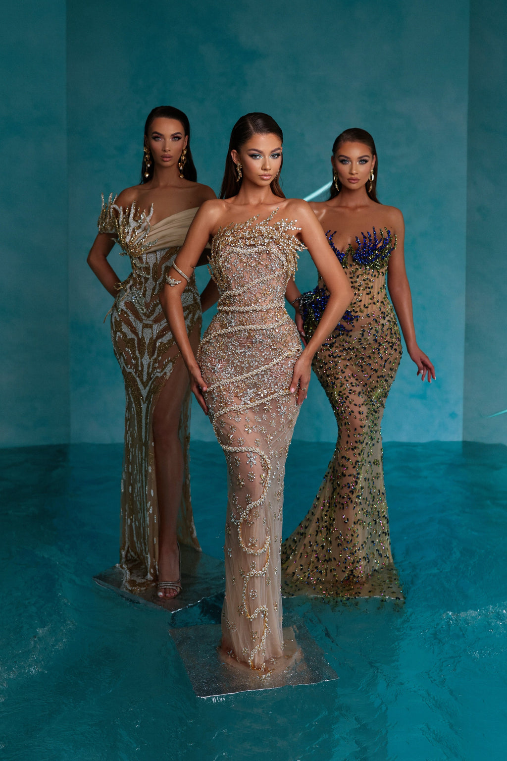 Strapless Rhinestone Gold Adorned Dress