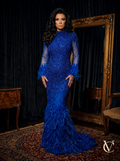 Royal Blue Crystal Feather Mermaid Gown front view | Vellure Couture®