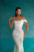 Pearl Embroidered White Dress with One Shoulder Tulle Detail