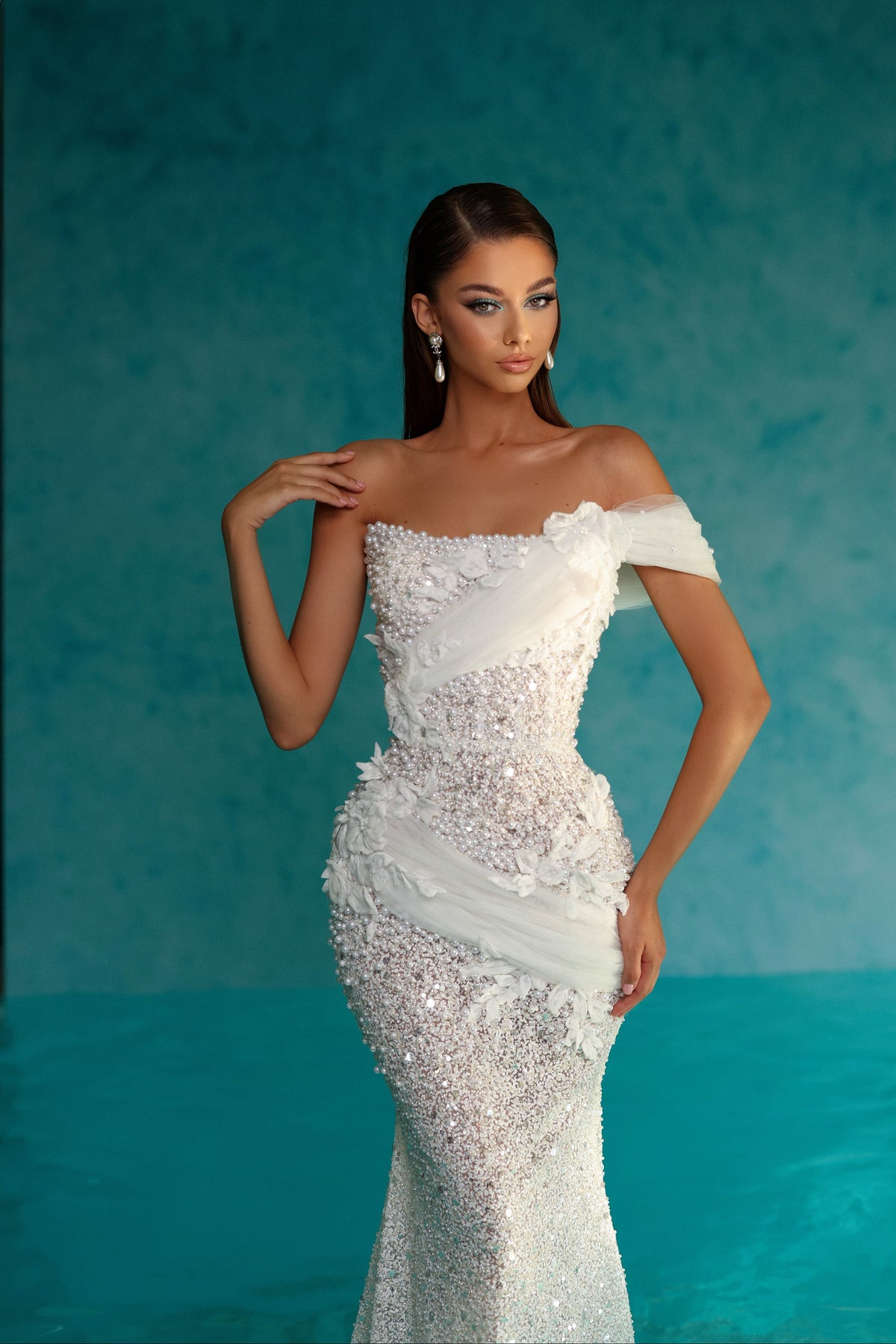 Pearl Embroidered White Dress with One Shoulder Tulle Detail