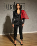 Black Satin Blazer & Pants with Red Organza Ribbon Bow