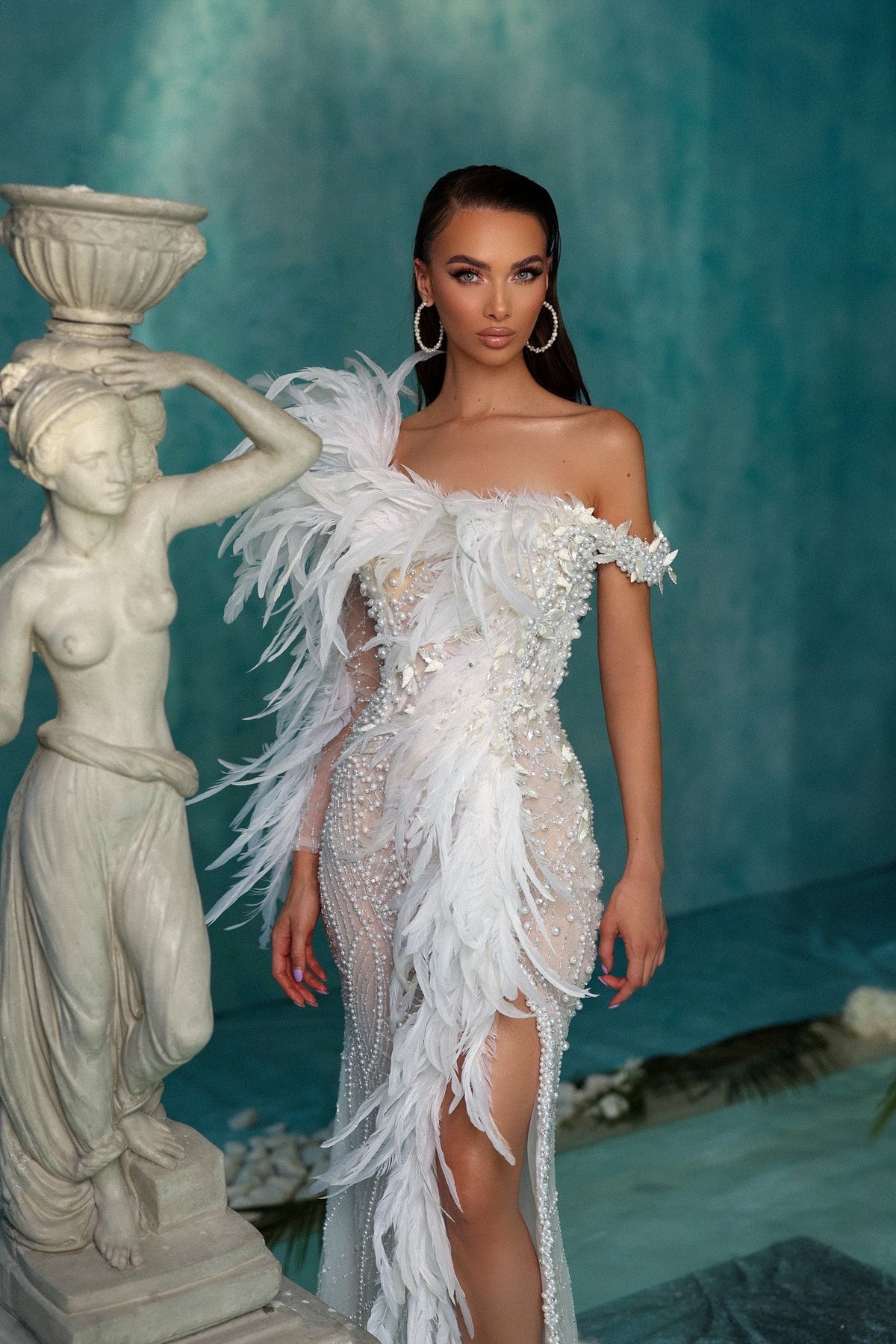 White Pearl Embroidered Dress with One Feathered Sleeve