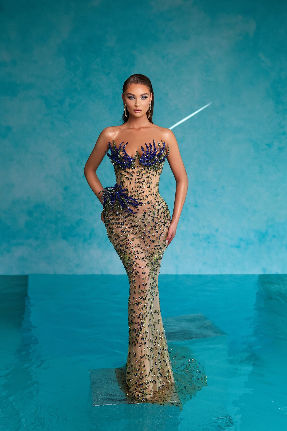 Strapless Blue & Green Rhinestone Dress