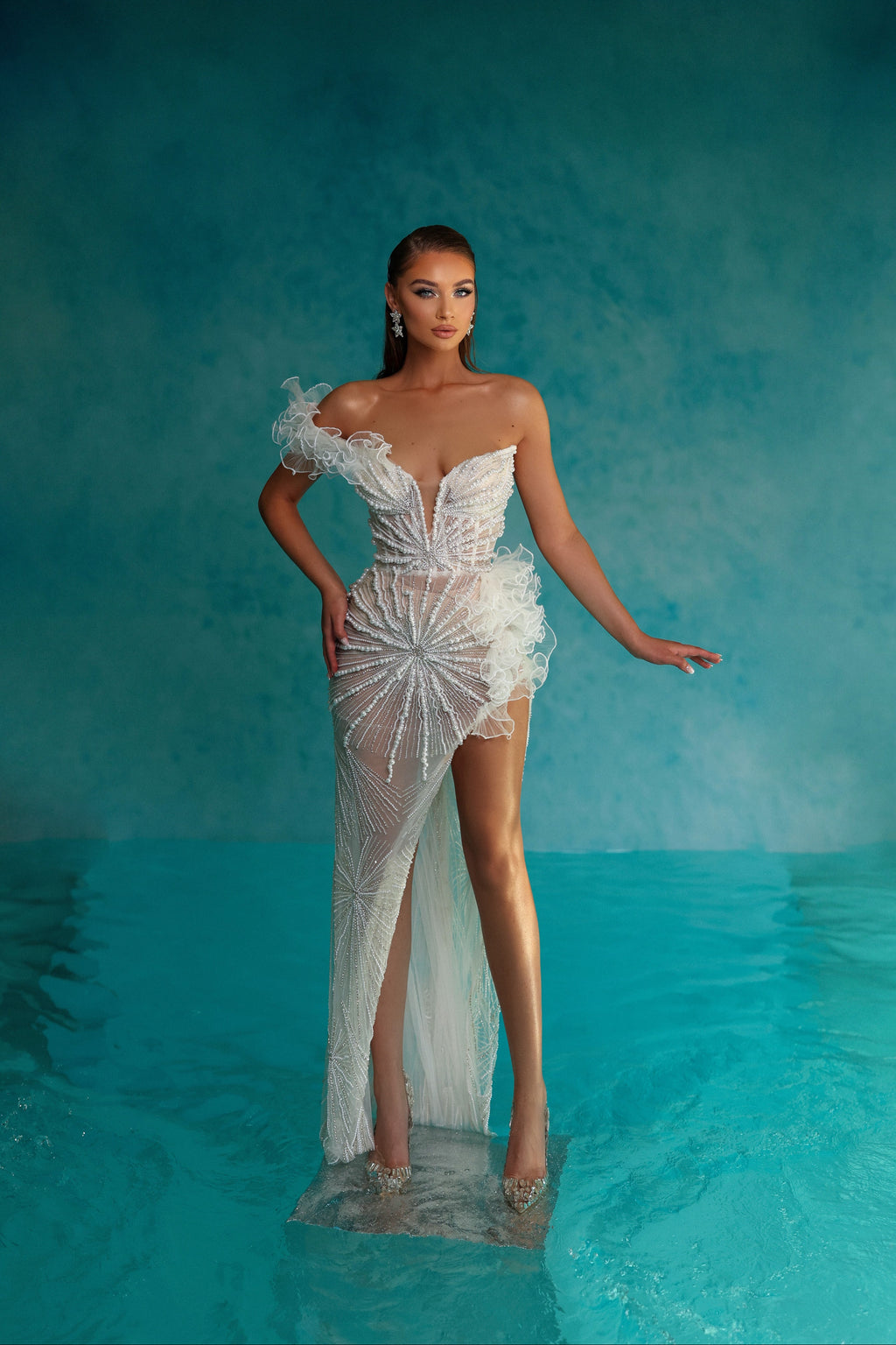 Pearl Embroidered White Dress with Side Slit & Ruffle Details