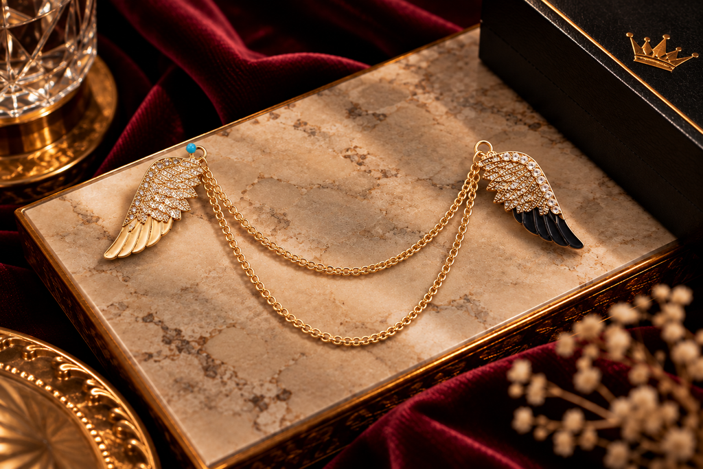 Gold and black wing lapel chain on luxury marble background | Vellure Couture®