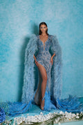 Side Slit Blue Embellished Dress with Cape Feathered Sleeves