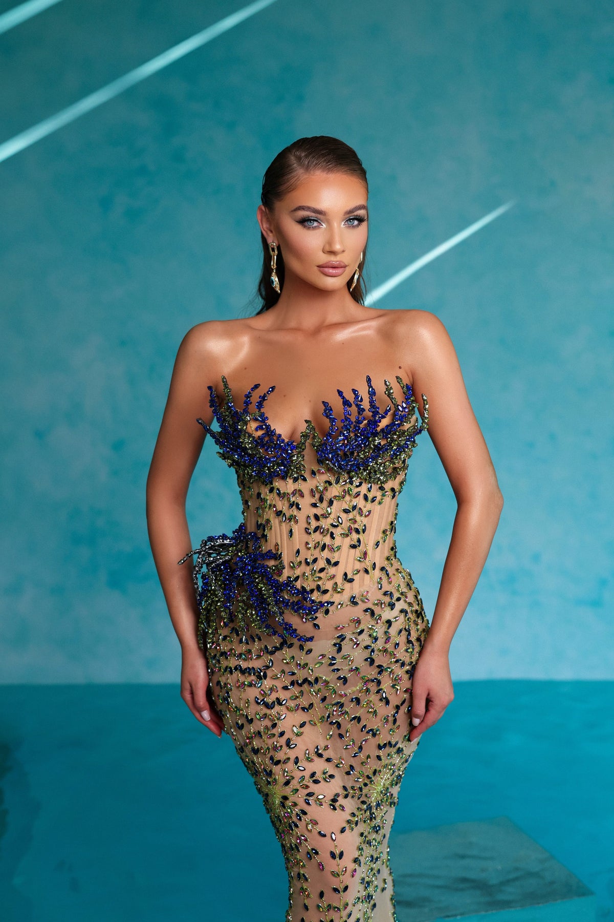 Strapless Blue & Green Rhinestone Dress