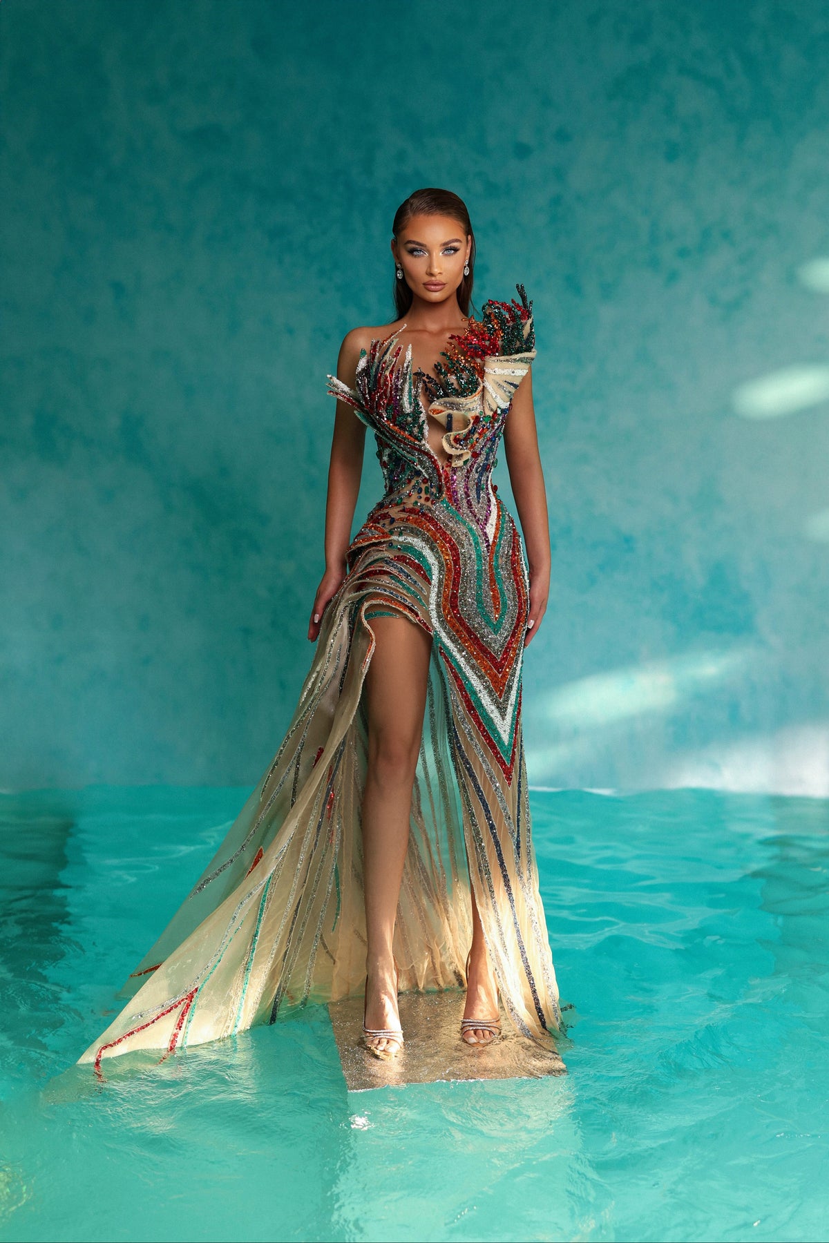 Strapless Long Colorful Asymmetrical Embellished Dress