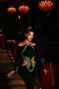 Waist Cut-Out Black Velvet Dress with Green Glitter Trim