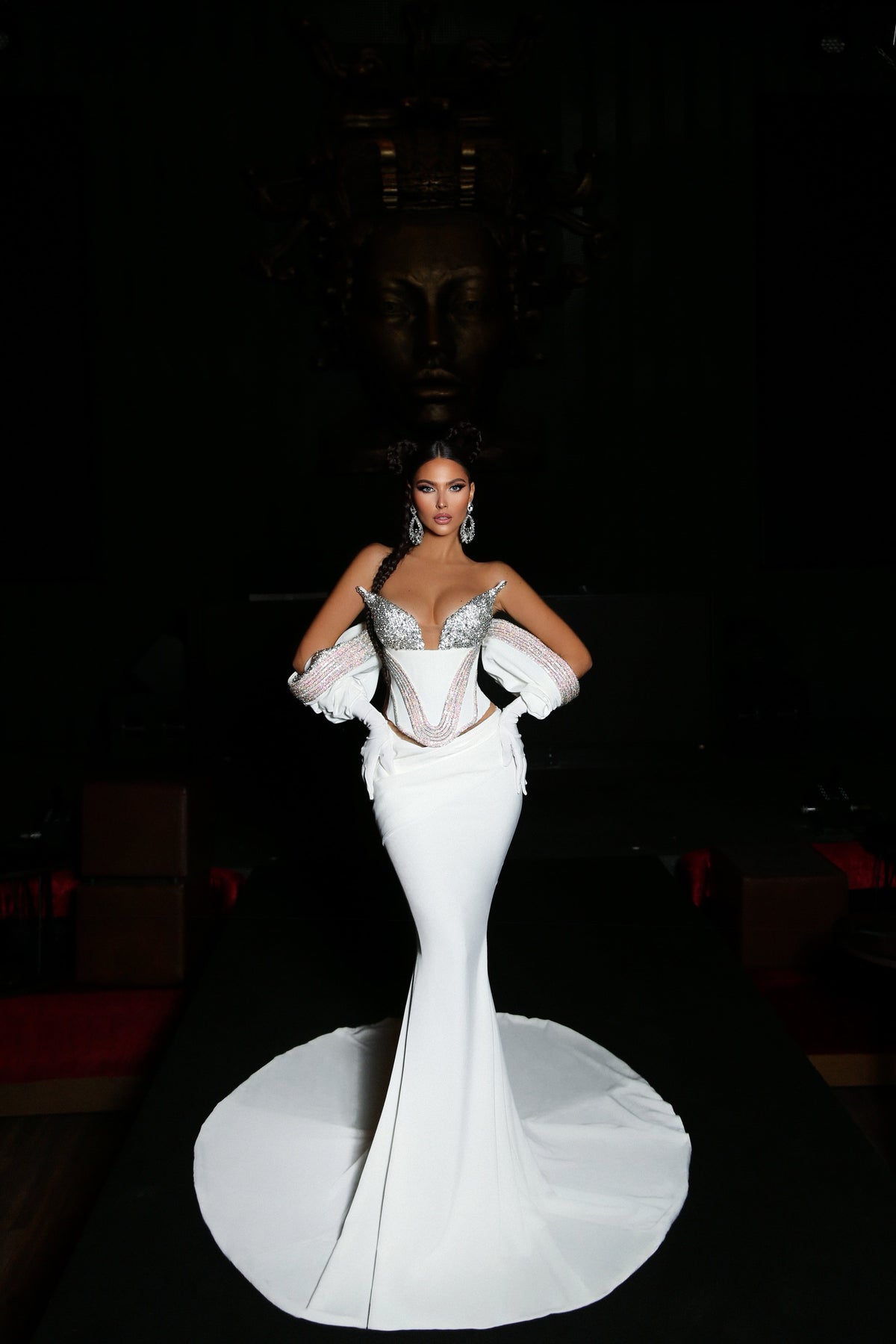 White Strapless Mermaid Dress with Glitter Ribbon Trim