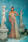 Strapless Beige Sequin Dress with Side Tulle Tail
