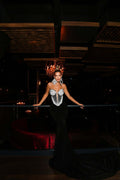 Long Black Dress with Silver Glitter Ribbon Corset