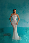 Strapless  Pearl Embroidered White Dress with Leaf Details