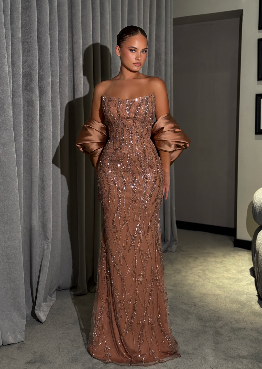 Kattie - Vine Embellished Strapless Gown