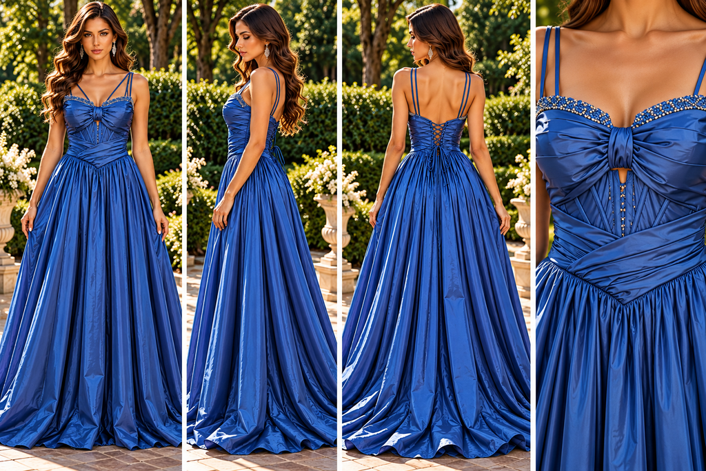 Royal blue satin evening gown front side back and bodice detail - Vellure Couture