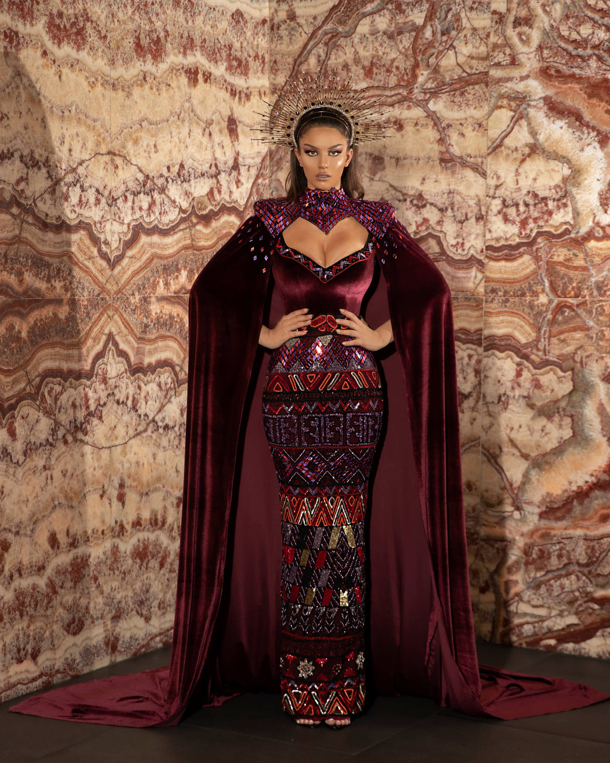 Wine Red Long Dress with Detachable Cape