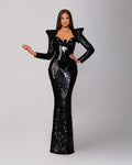 Sequins Isolated Black Dress with Latex Corset & Padded Shoulders