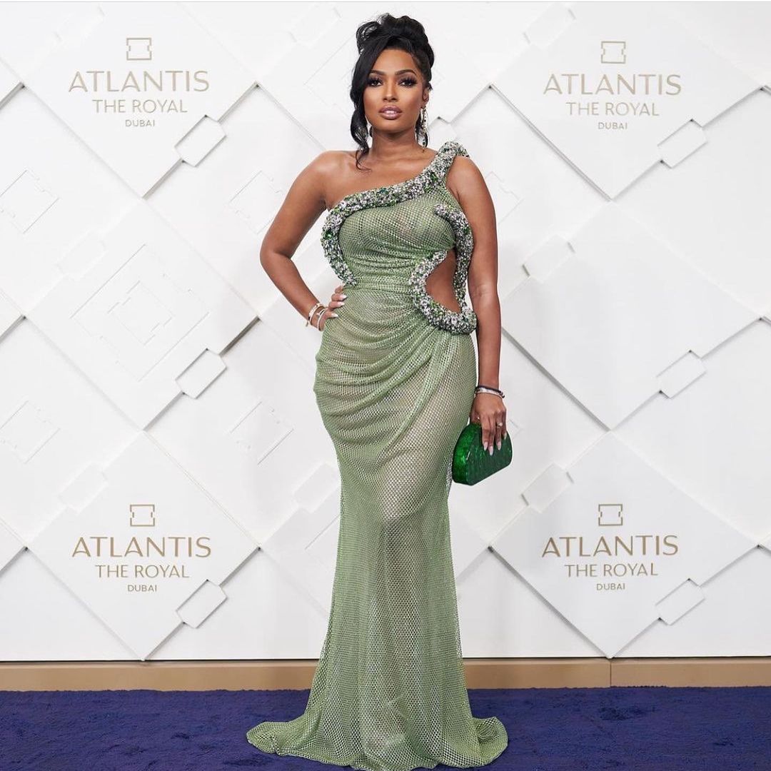 Lesa Milan-Cut-Out Long Green Rhinestones Dress