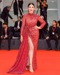 Edisa Shahini-High Neck Side Cut Red Evening Gown