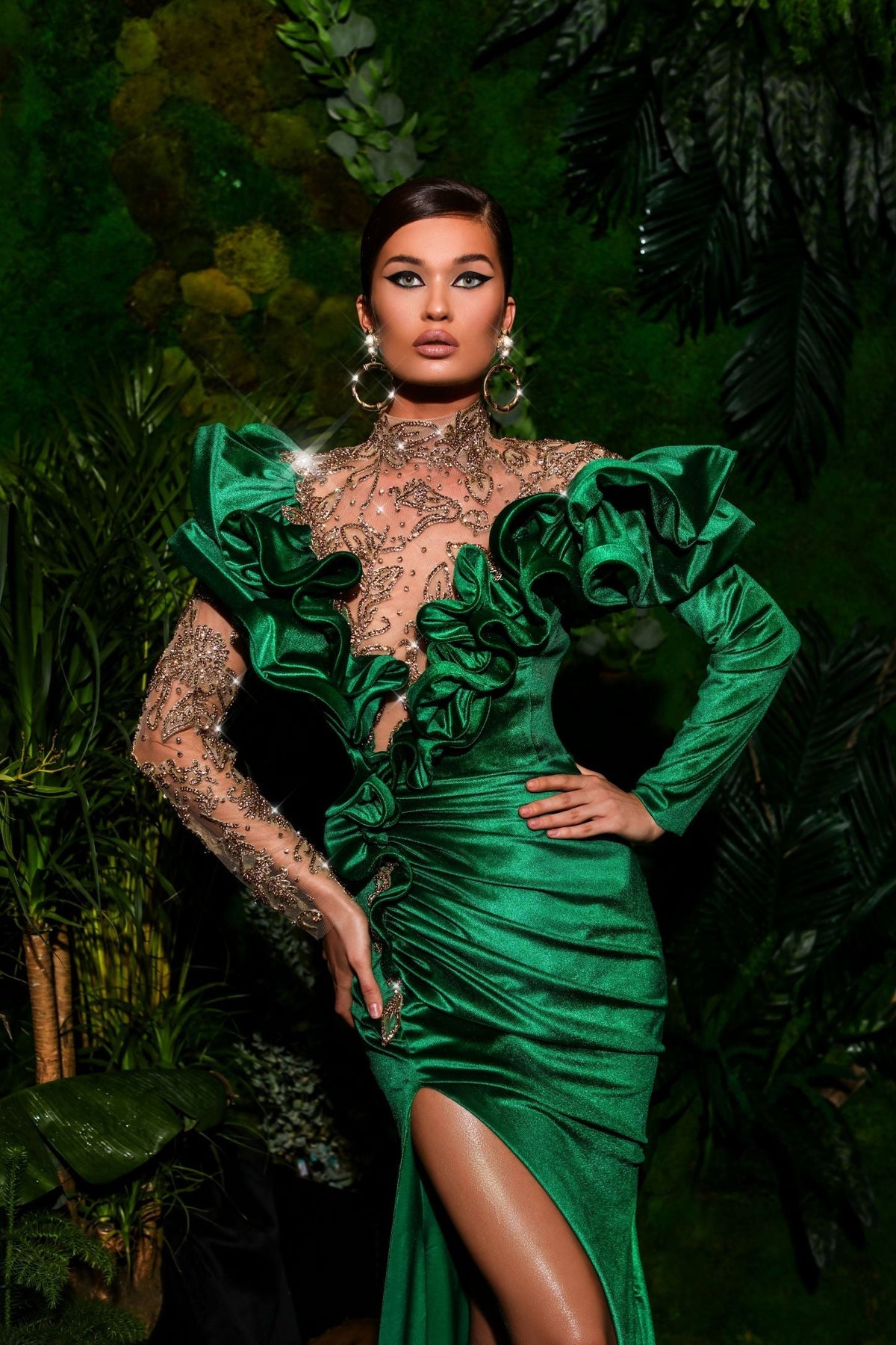 Velvet Green Embroidered Dress with Side Slit