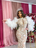 Feathered Sleeves Lace Mermaid Dress