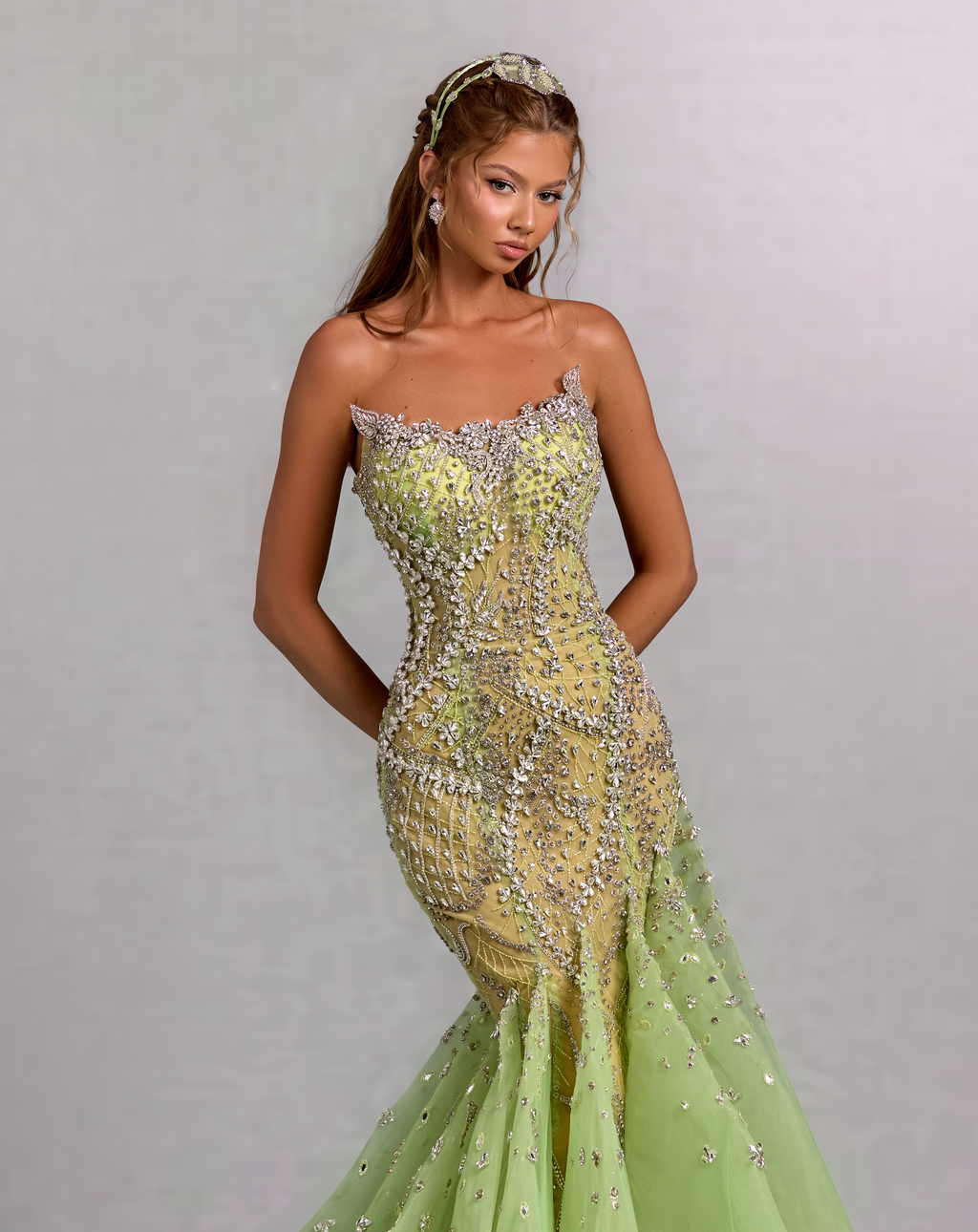 Strapless Green Gown with Beaded Embroidery