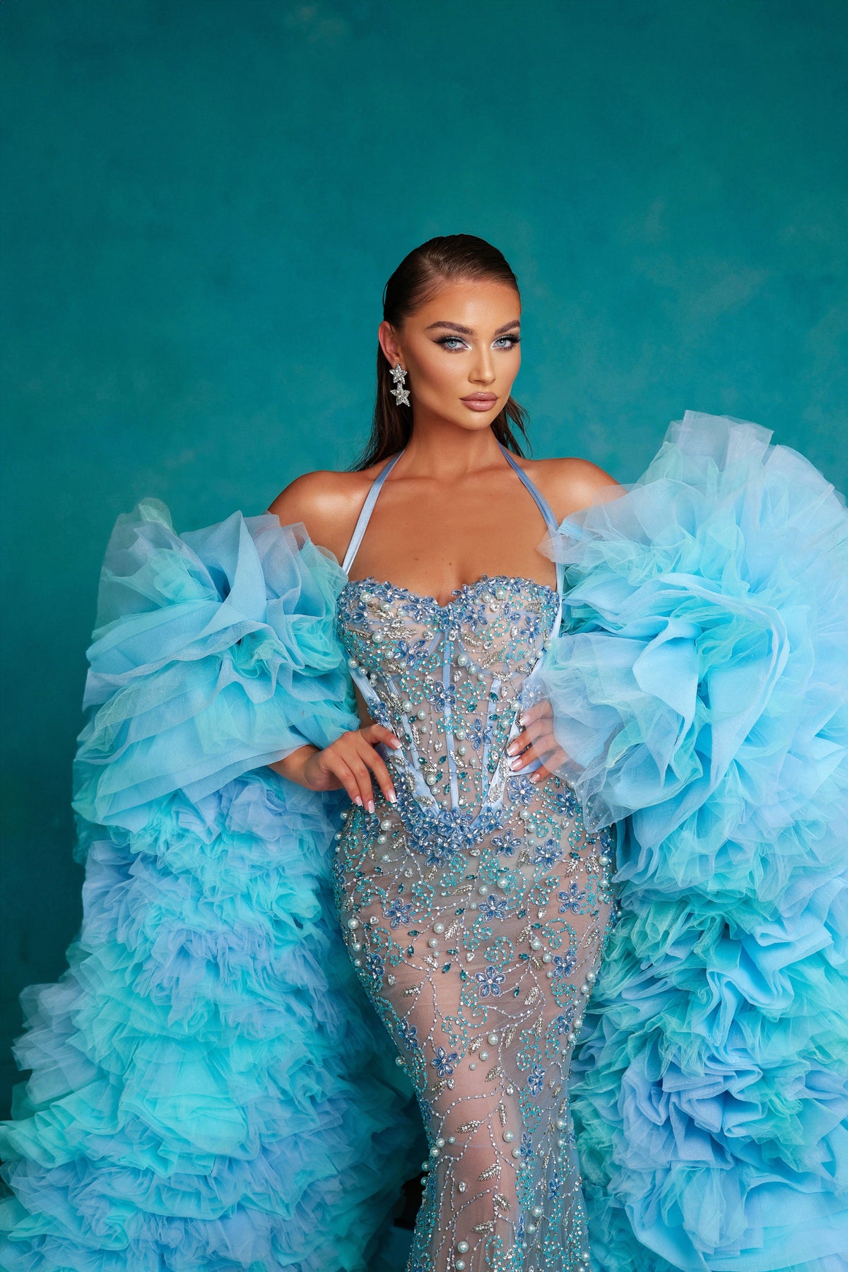 Aqua Floral Embroidered Gown with Layered Tulle Cape