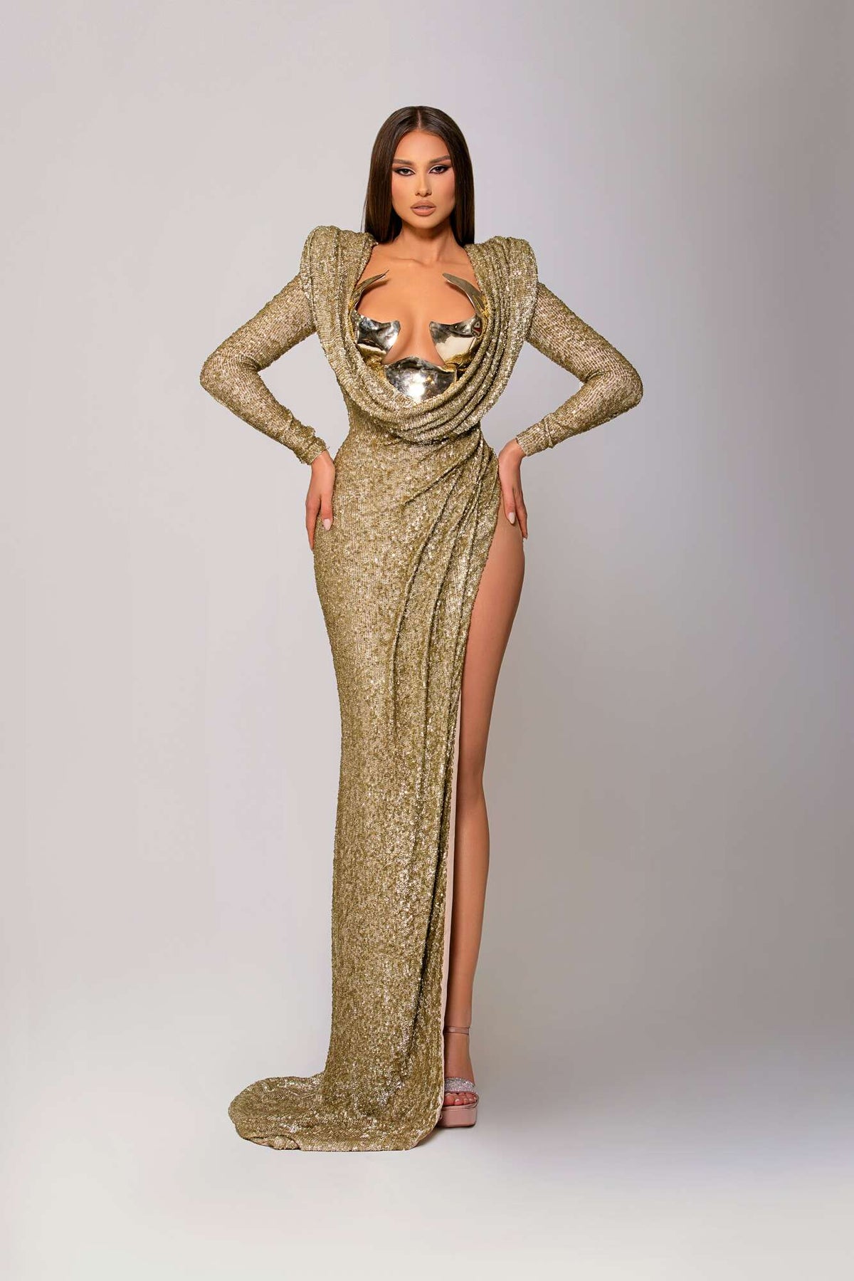 SIDE SLIT GOLD SHIMMERING DRESS WITH METALLIC GOLD CHEST DETAIL