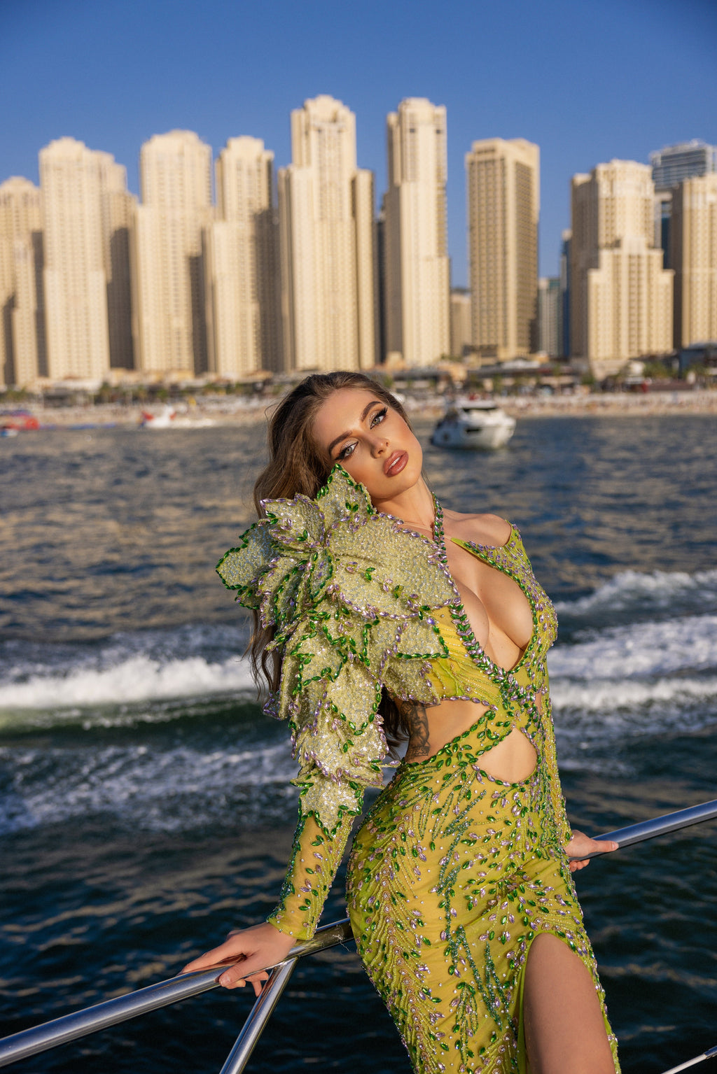 CUT-OUT GREEN EMBELLISHED DRESS WITH 3D FLOWER DETAIL