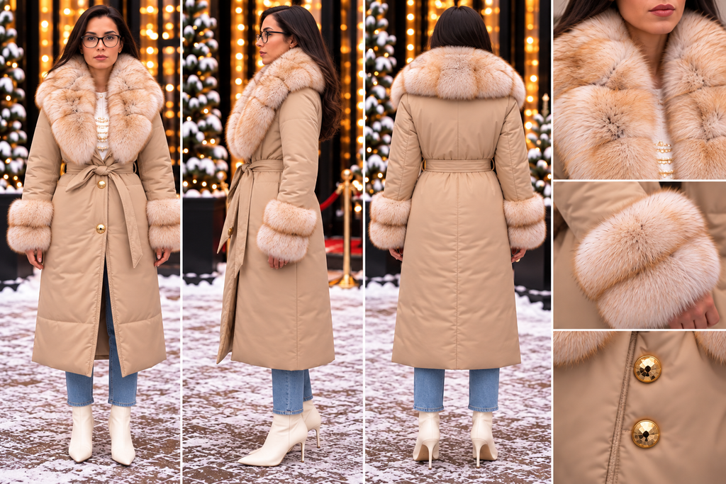 Beige long quilted puffer coat natural fox fur collar cuffs and button details