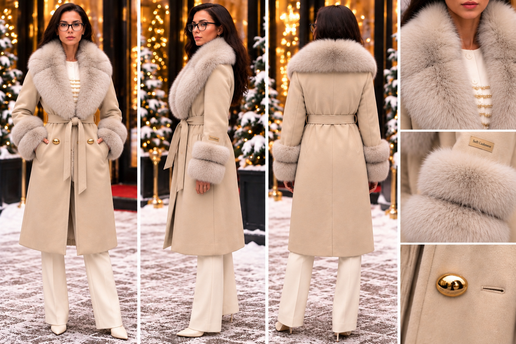Beige Soft Cashmere coat with natural fox fur collar cuffs and gold button detail collage