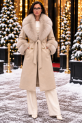 Beige Soft Cashmere coat with natural fox fur collar and cuffs front full-body view