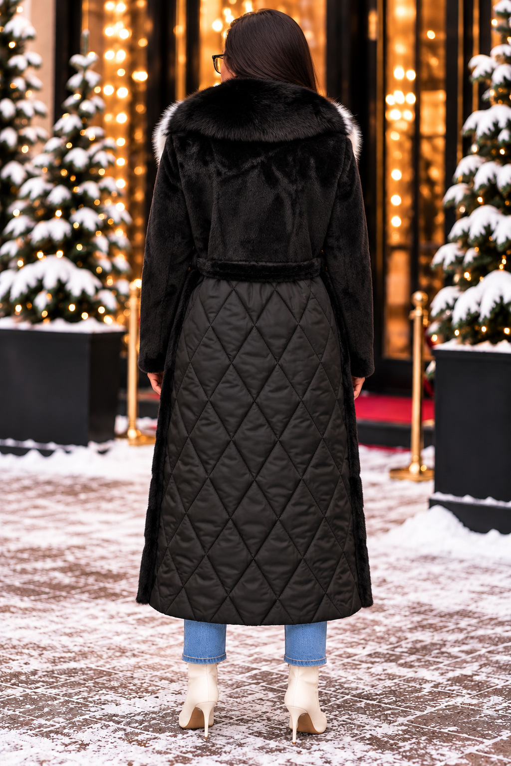 Black Alcantara and quilted winter coat with natural fox fur collar back full-body view