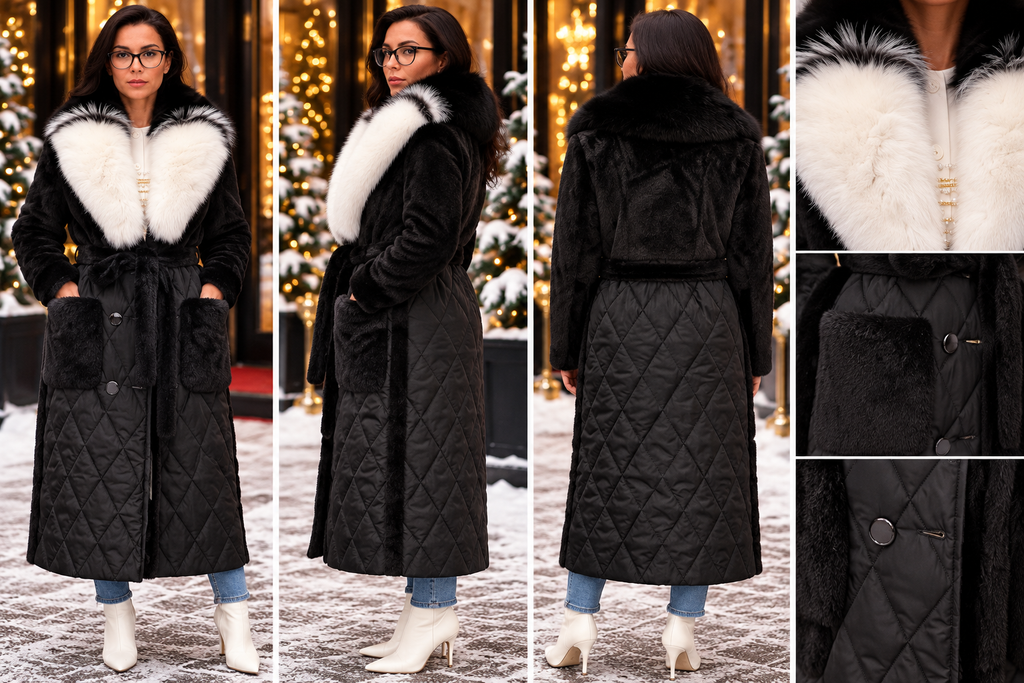 Black Alcantara and quilted winter coat with natural fox fur collar detail collage