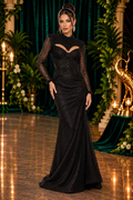 Black pearl corset evening gown front view - Vellure Couture