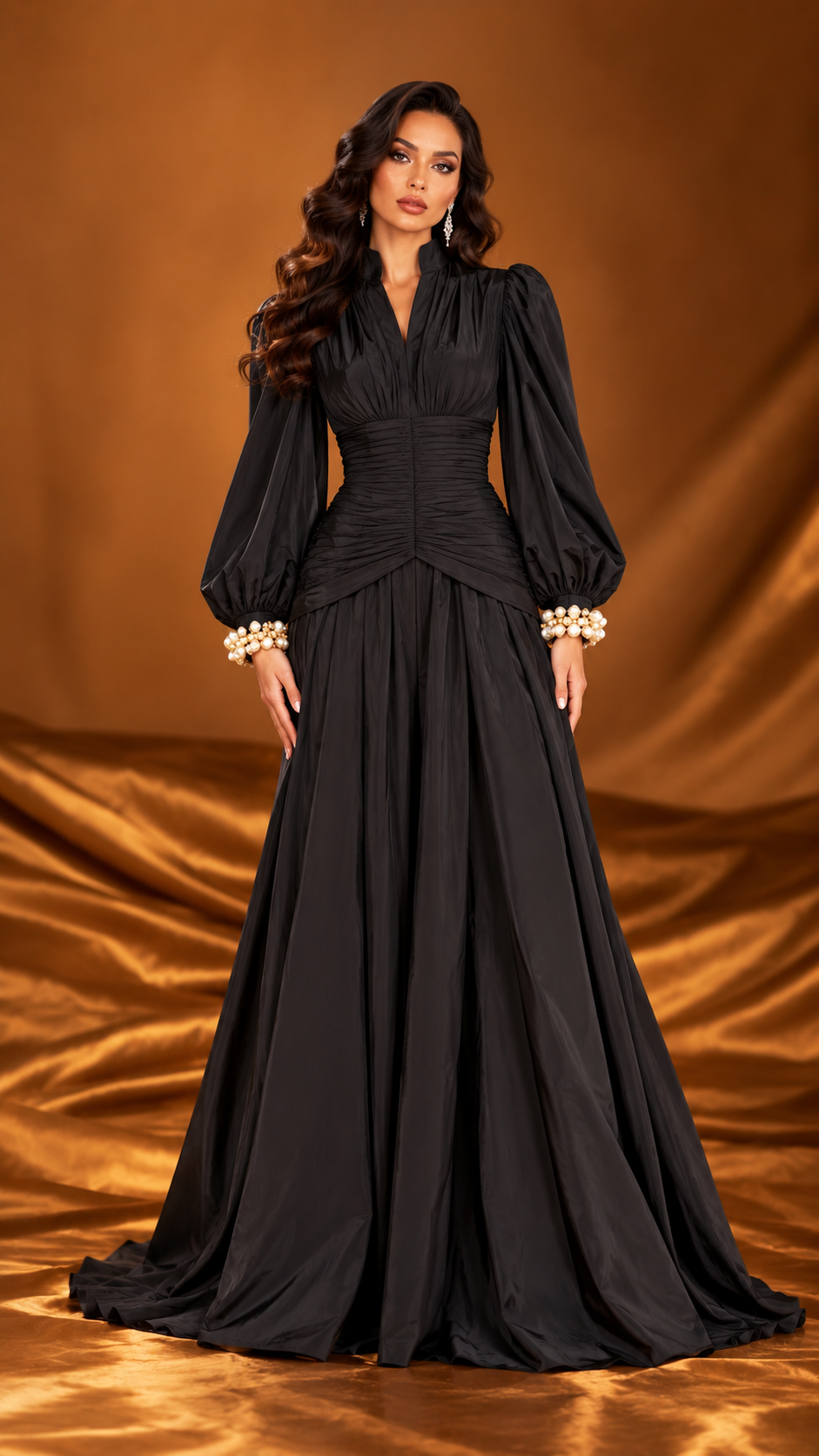 Black pearl two-piece blouse and trouser set front view - Vellure Couture