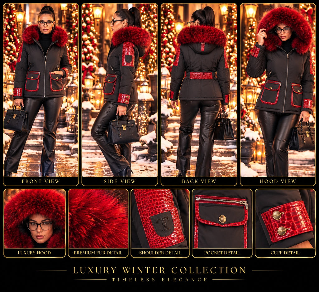 Vellure Couture black winter jacket with red fur trim detail collage
