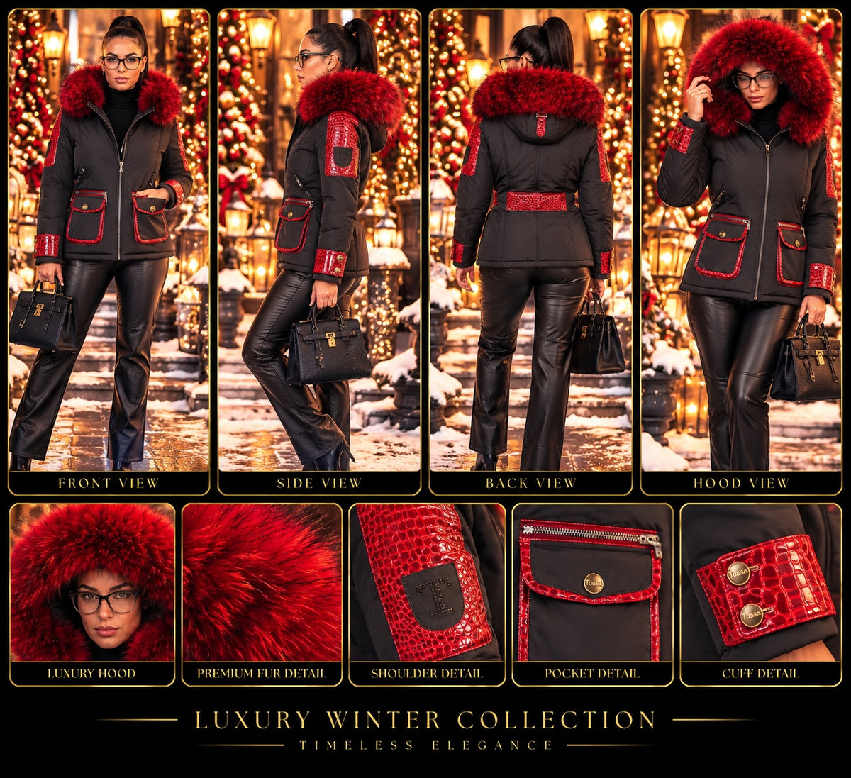 Vellure Couture black winter jacket with red fur trim detail collage