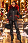 Vellure Couture black winter jacket with red fur trim front view