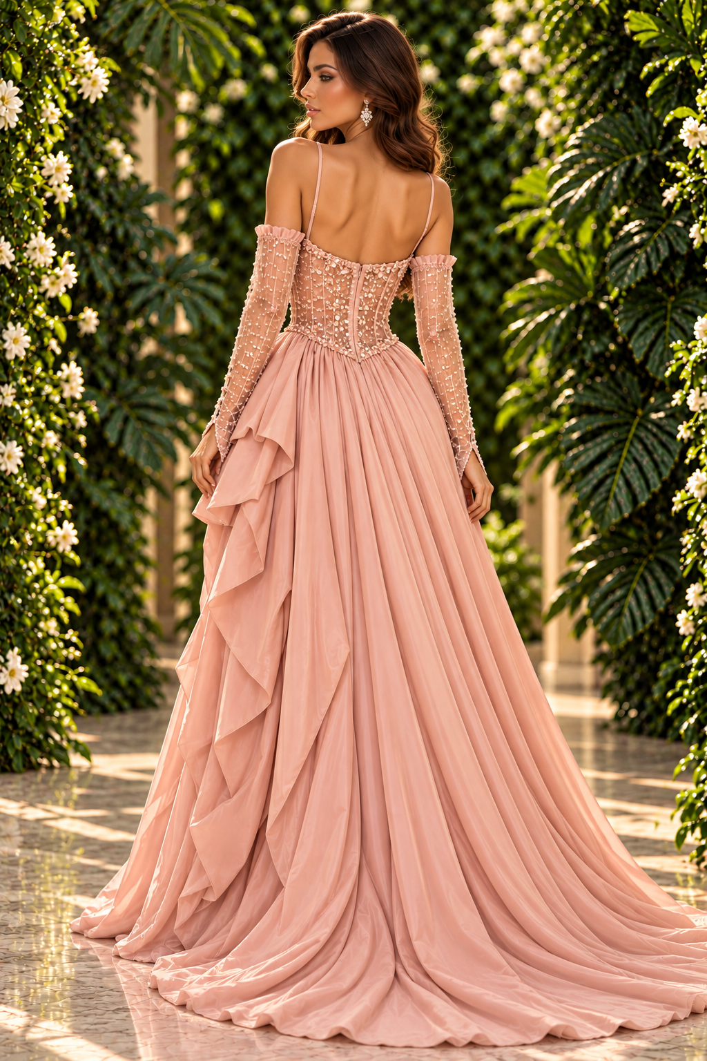 Blush crystal ruffle corset evening gown back view - Vellure Couture