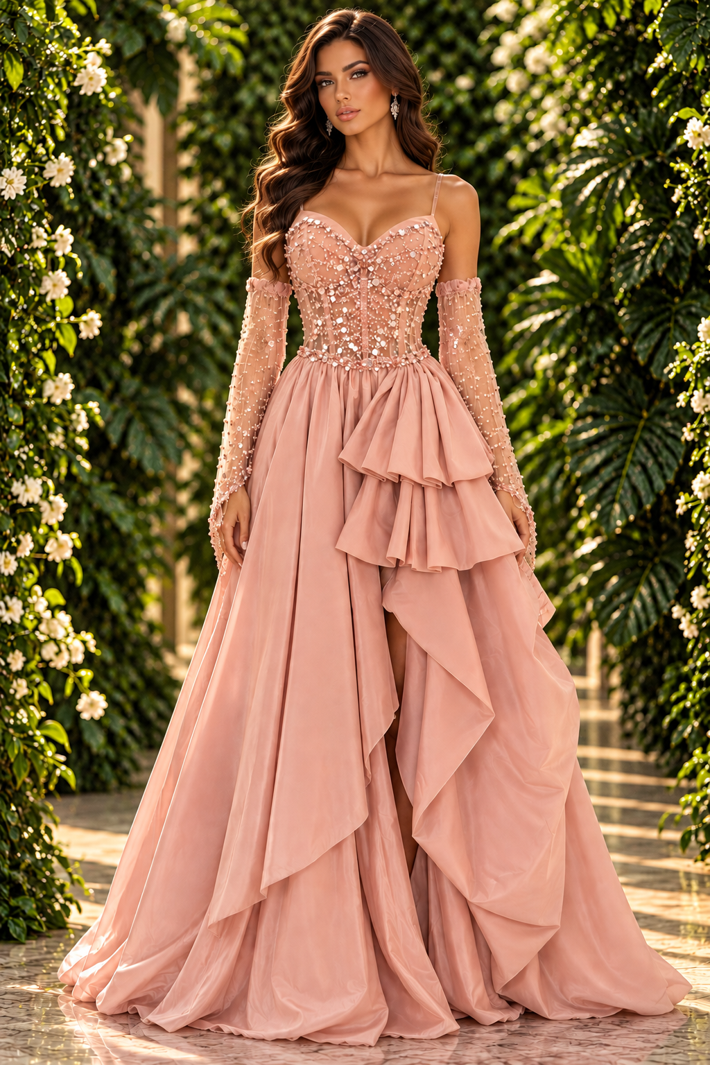 Blush crystal ruffle corset evening gown front view - Vellure Couture