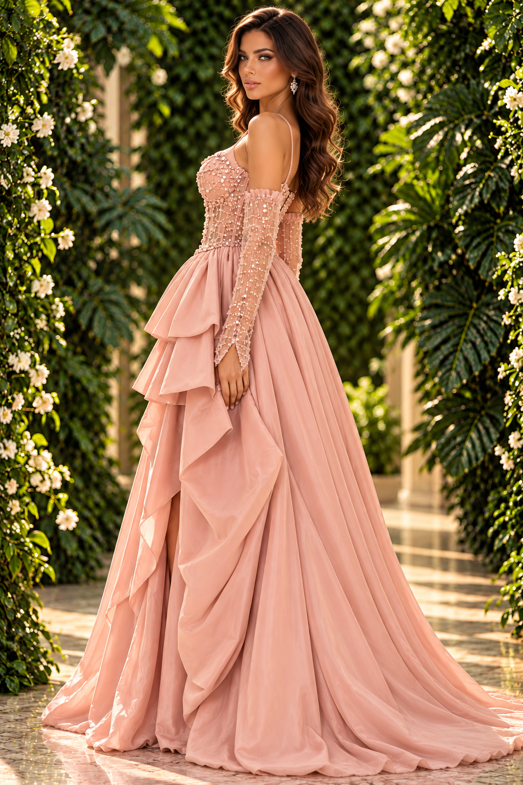 Blush crystal ruffle corset evening gown side view - Vellure Couture