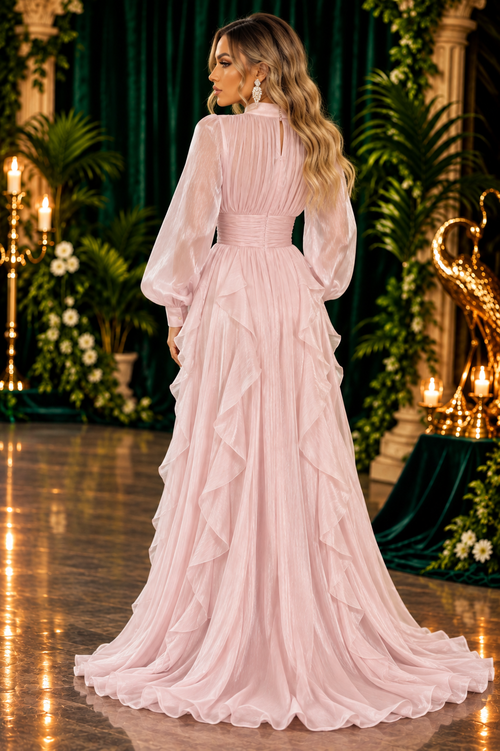 Blush Ruffle Evening Gown – back view