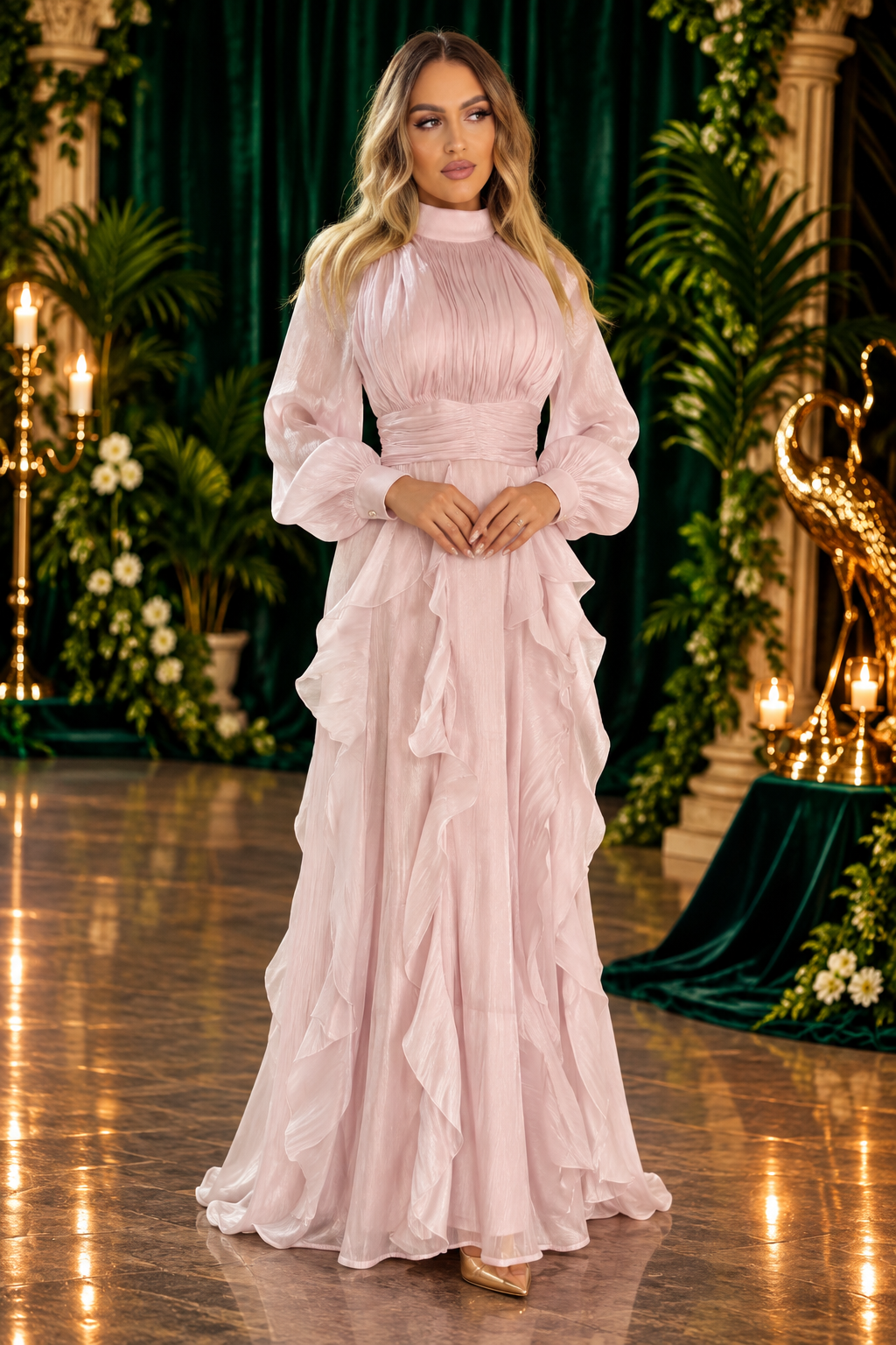 Blush Ruffle Evening Gown – front view