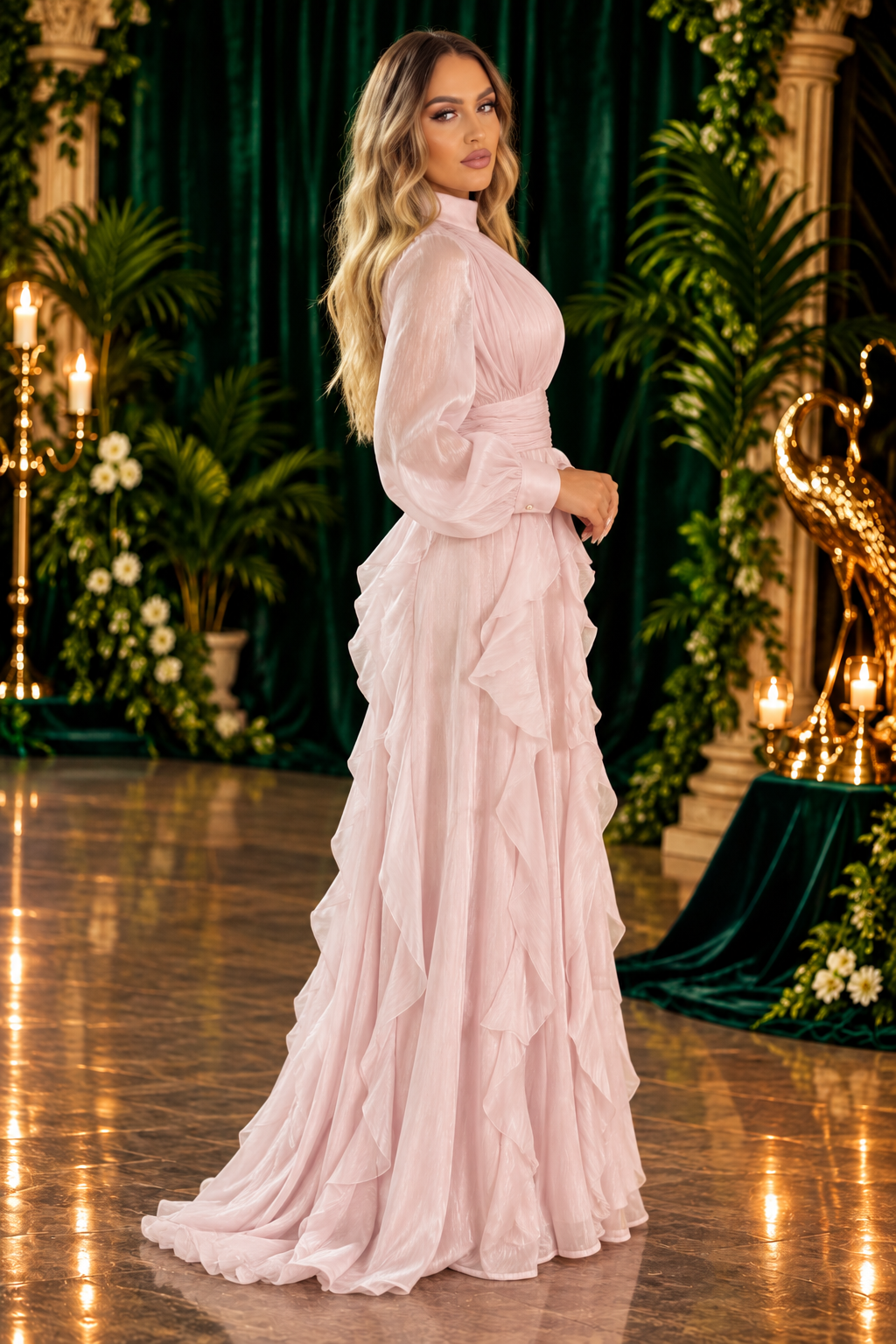Blush Ruffle Evening Gown – side view