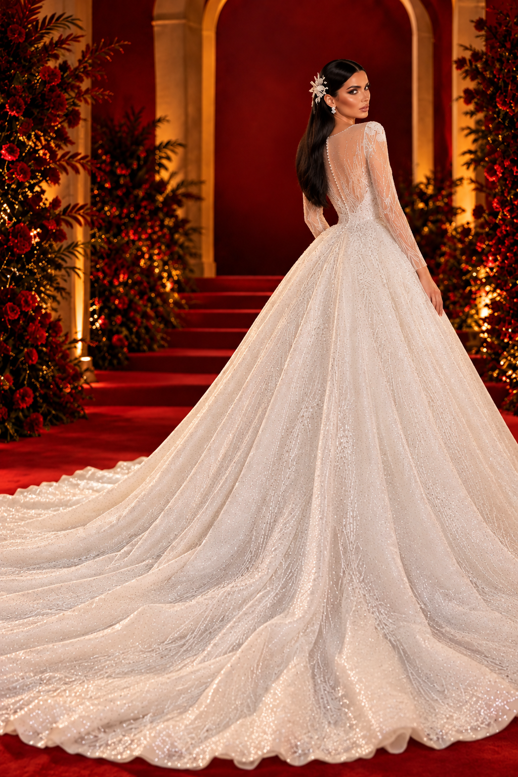 Vellure Couture white crystal bridal ball gown back view