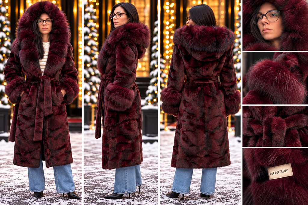 Burgundy Alcantara coat with natural fox fur details