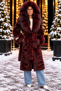 Burgundy Alcantara coat with natural fox fur front view
