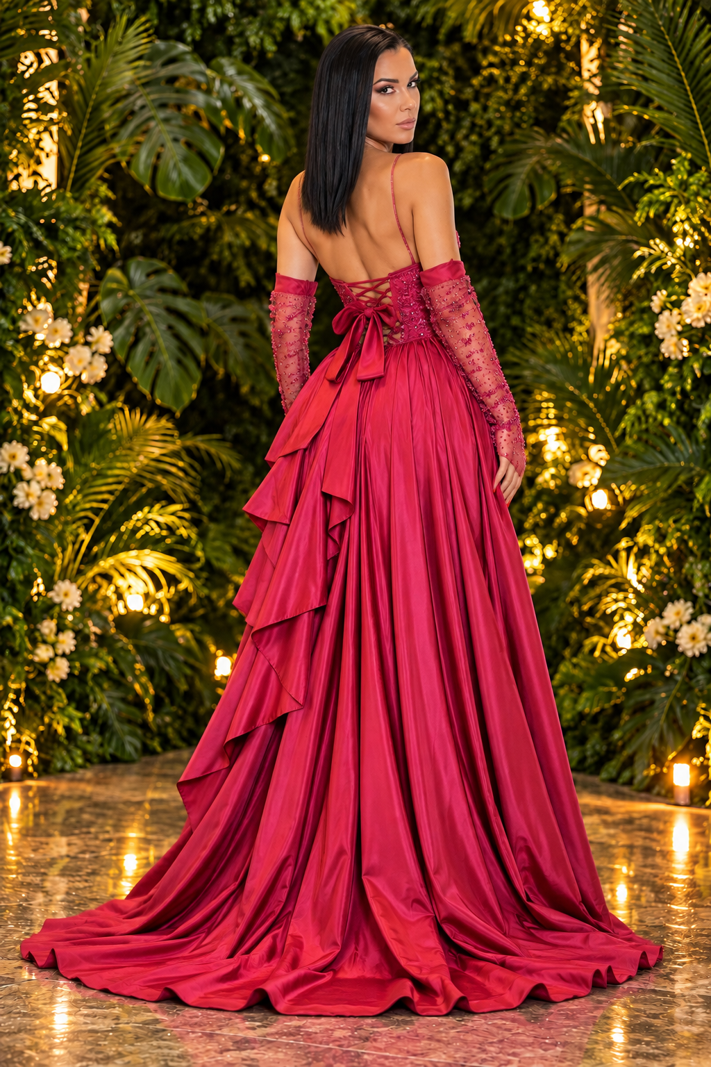 Fuchsia crystal ruffle evening gown – back view