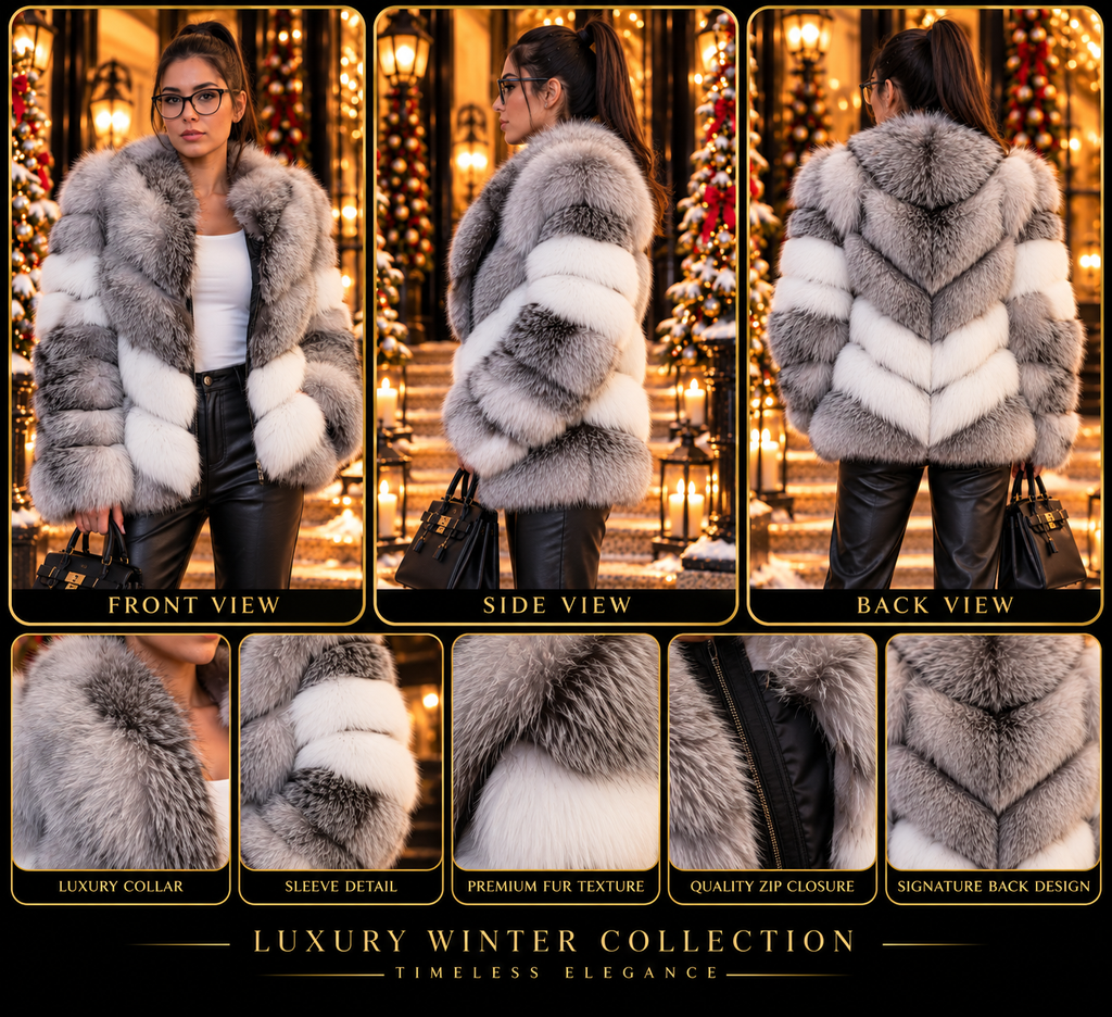 Vellure Couture grey and white chevron fur jacket detail collage